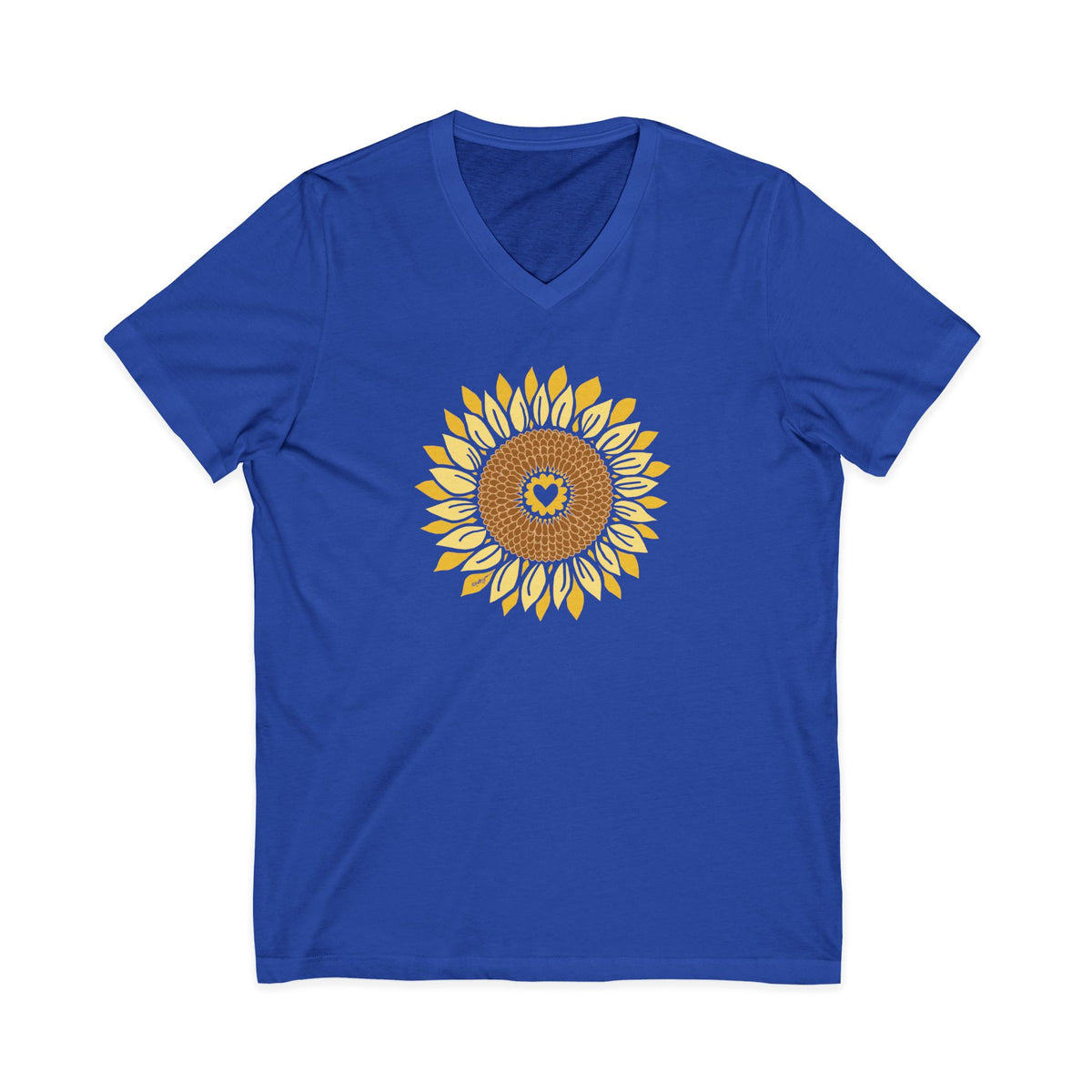 Golden sunflower with a heart center on a V-neck t-shirt in royal blue, front view – Sunflowers in My Heart by Kate Spain