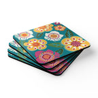 Sorrento cork-backed coaster set of four, retro yellow, white, pink and orange blooms on turquoise, stacked set, angled view – Kate Spain design