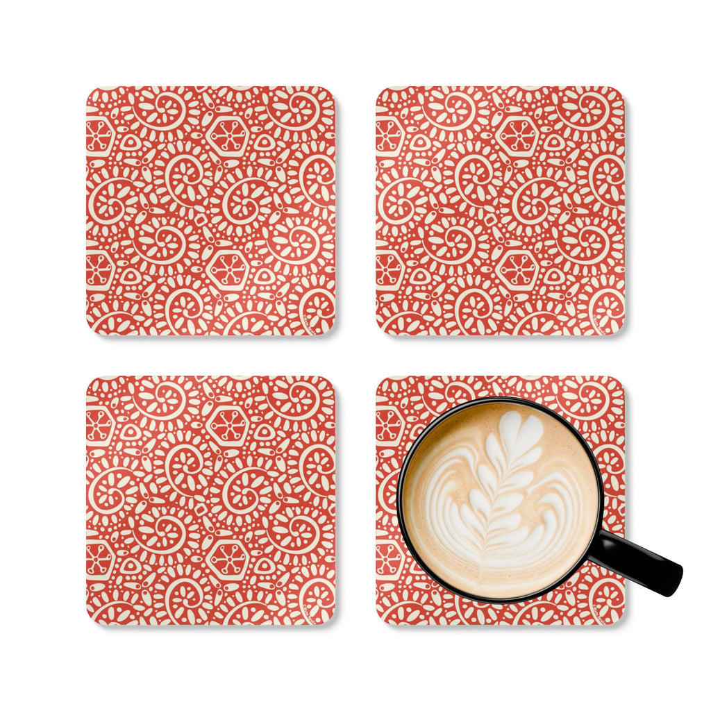 Canto Mandarin cork-backed coaster set of four, cream botanical spirals and petals on tomato red, four coasters with a latte mug – Kate Spain design