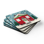 Ski Chalet cork-backed coaster set of four, red holiday cottage with skis among snowy evergreens, stacked set, angled view – Kate Spain design