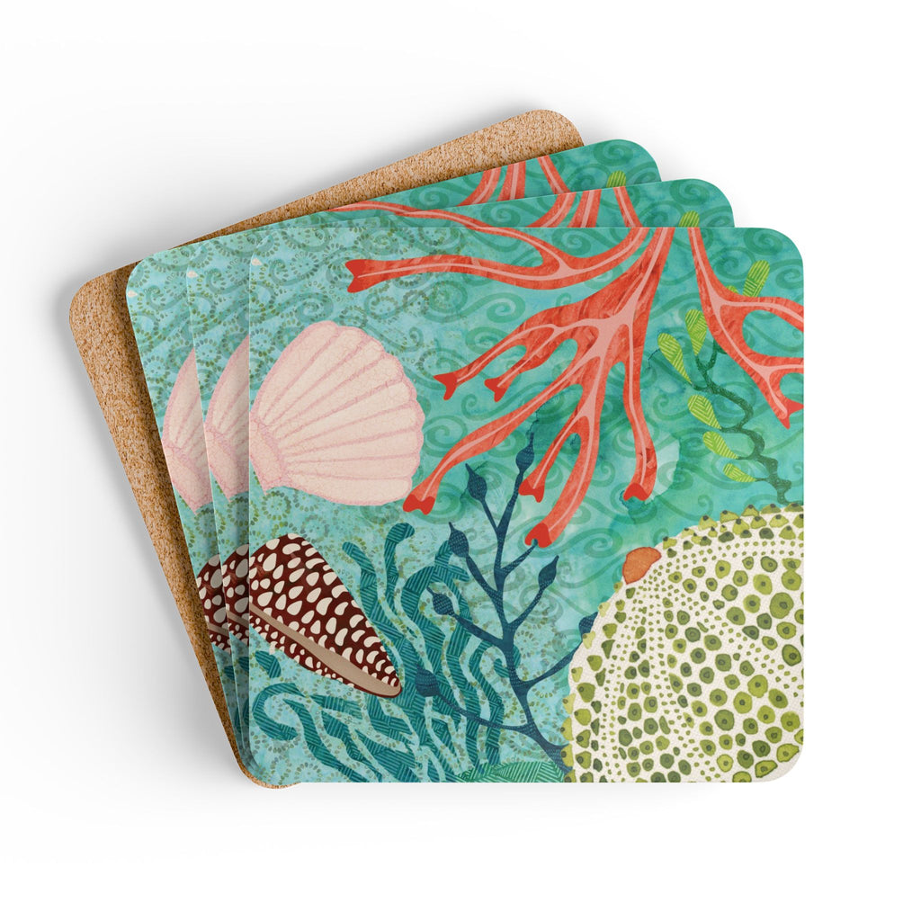 Oceana Shells cork-backed coaster set of four, scallop and cone shells with red coral and seaweed on aqua, coasters fanned out – Kate Spain design