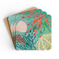 Oceana Shells cork-backed coaster set of four, scallop and cone shells with red coral and seaweed on aqua, coasters fanned out – Kate Spain design