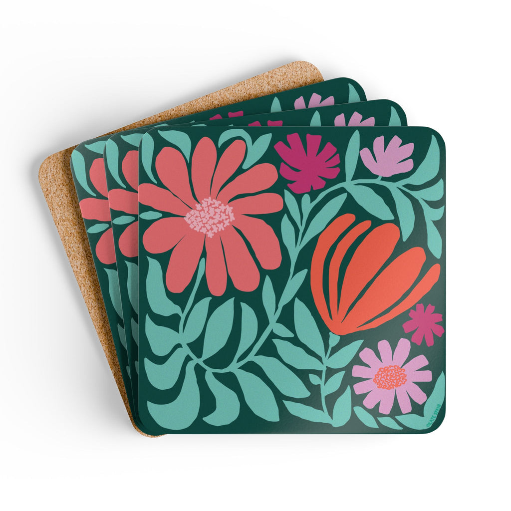 Botanica floral cork-backed coaster set of four with coral, orange, magenta and lavender blooms on deep forest green, coasters fanned out – Kate Spain design