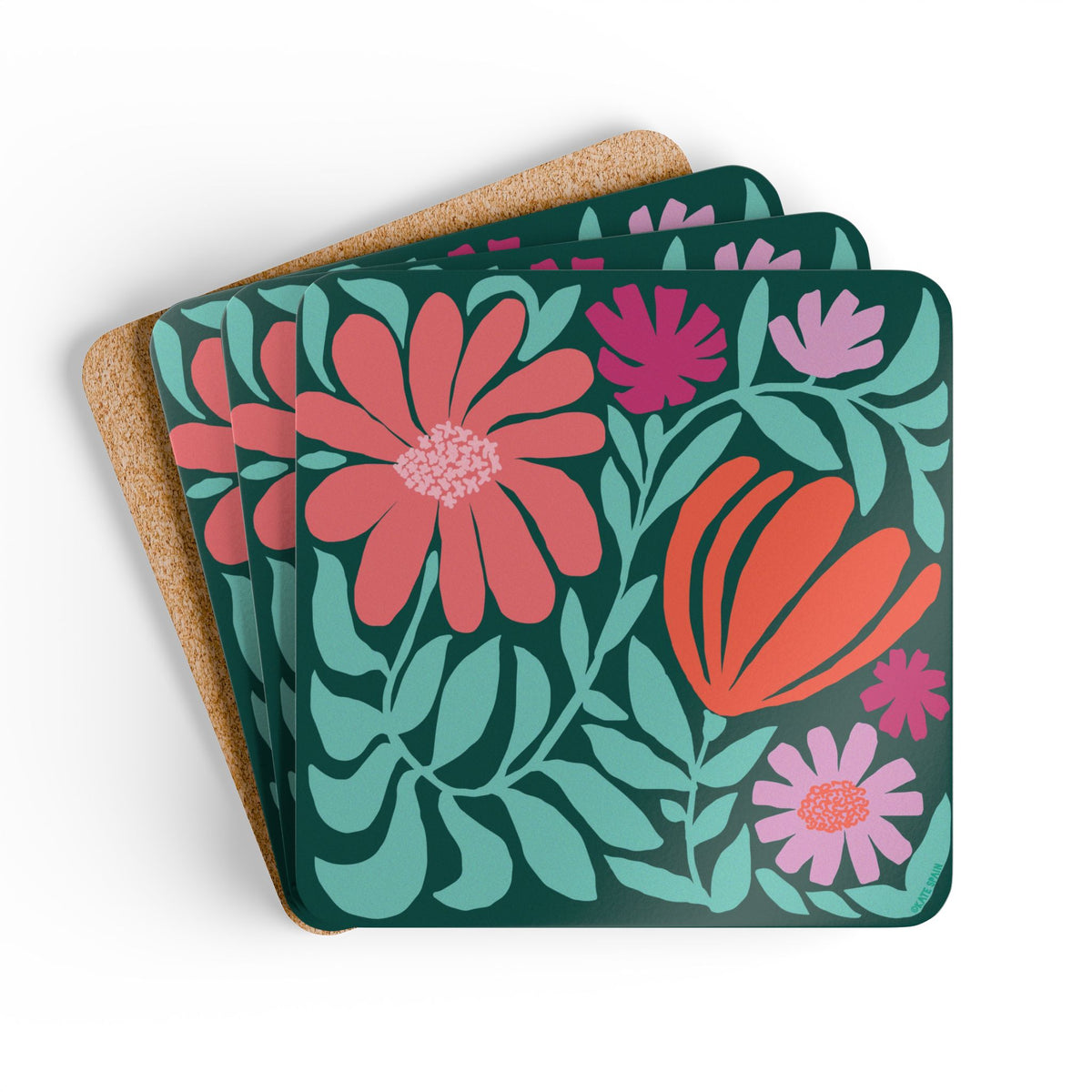 Botanica floral cork-backed coaster set of four with coral, orange, magenta and lavender blooms on deep forest green, coasters fanned out – Kate Spain design