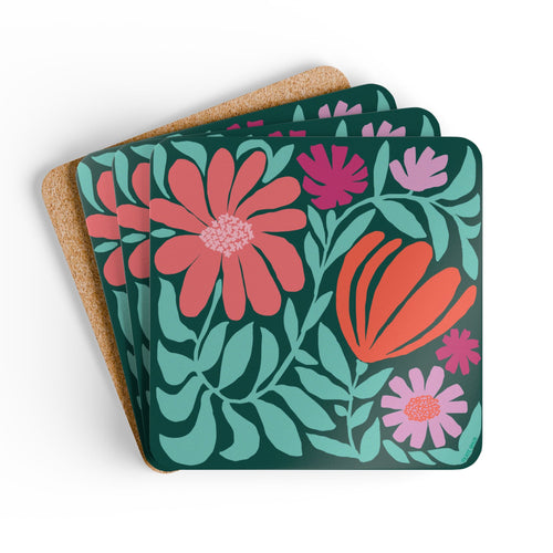 Botanica floral cork-backed coaster set of four with coral, orange, magenta and lavender blooms on deep forest green, coasters fanned out – Kate Spain design