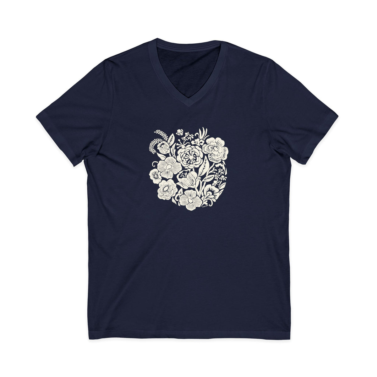Meadowsweet woodblock-style bouquet of wildflowers on a V-neck t-shirt in navy, front view – Kate Spain design