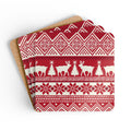 Telemark cork-backed coaster set of four, Nordic reindeer, trees and snowflakes in cream on holiday red, coasters fanned out – Kate Spain design