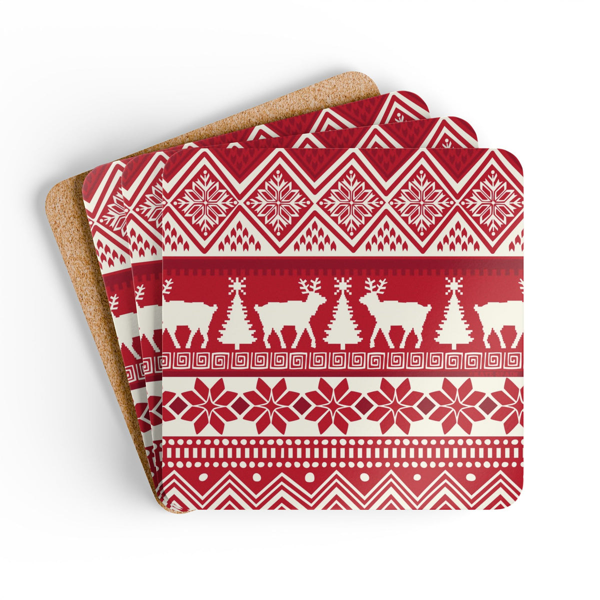 Telemark cork-backed coaster set of four, Nordic reindeer, trees and snowflakes in cream on holiday red, coasters fanned out – Kate Spain design