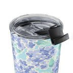 Nantucket Hydrangea 20 oz insulated stainless steel tumbler, periwinkle and lavender hydrangeas with mint leaves on pale aqua, close-up of the lid and flip-top closure – Kate Spain design