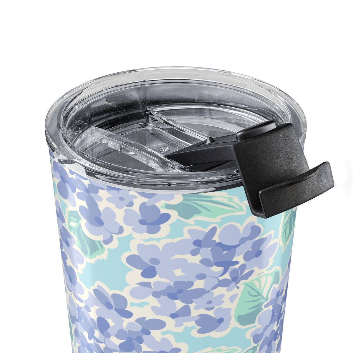 Nantucket Hydrangea 20 oz insulated stainless steel tumbler, periwinkle and lavender hydrangeas with mint leaves on pale aqua, close-up of the lid and flip-top closure – Kate Spain design