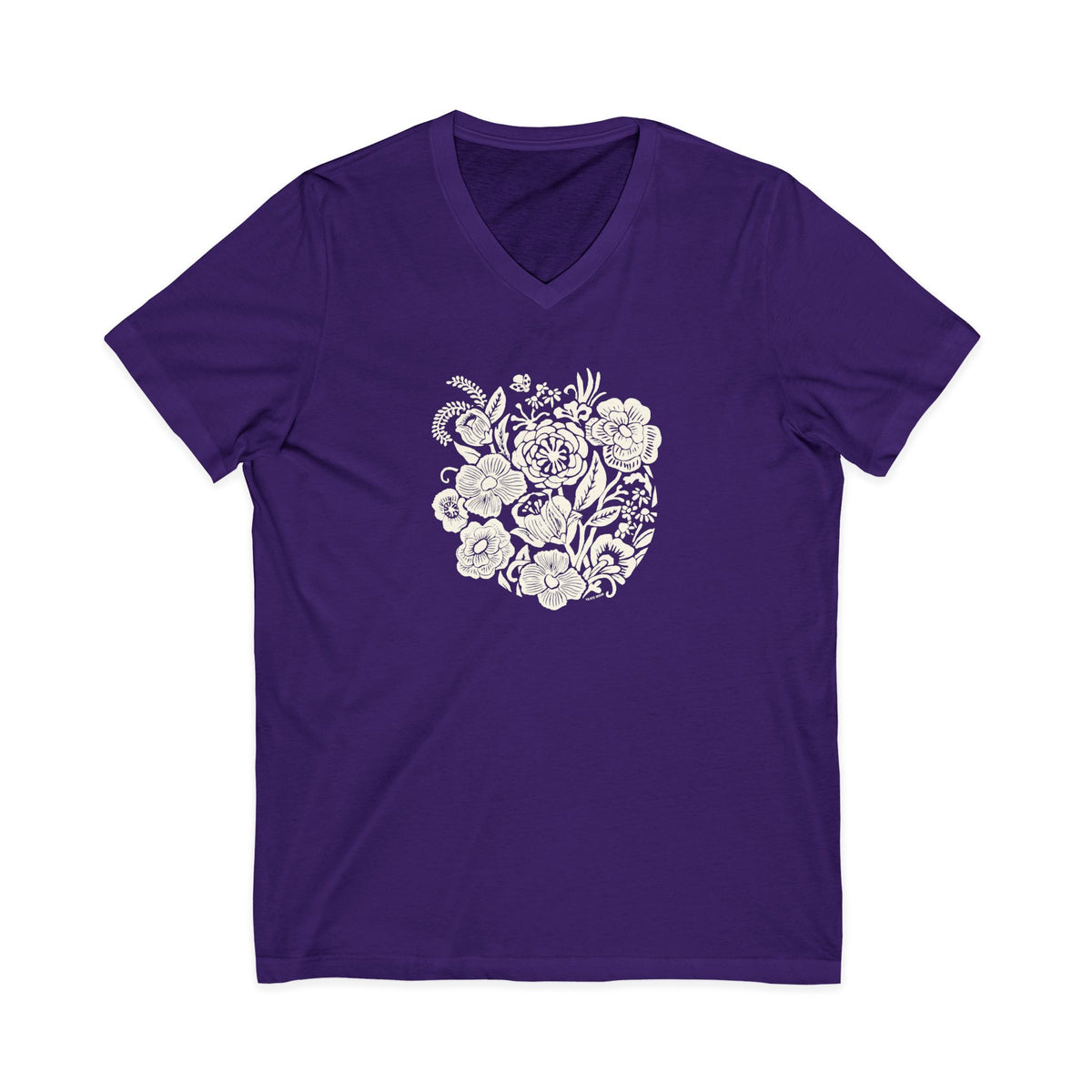 Meadowsweet woodblock-style bouquet of wildflowers on a V-neck t-shirt in purple, front view – Kate Spain design
