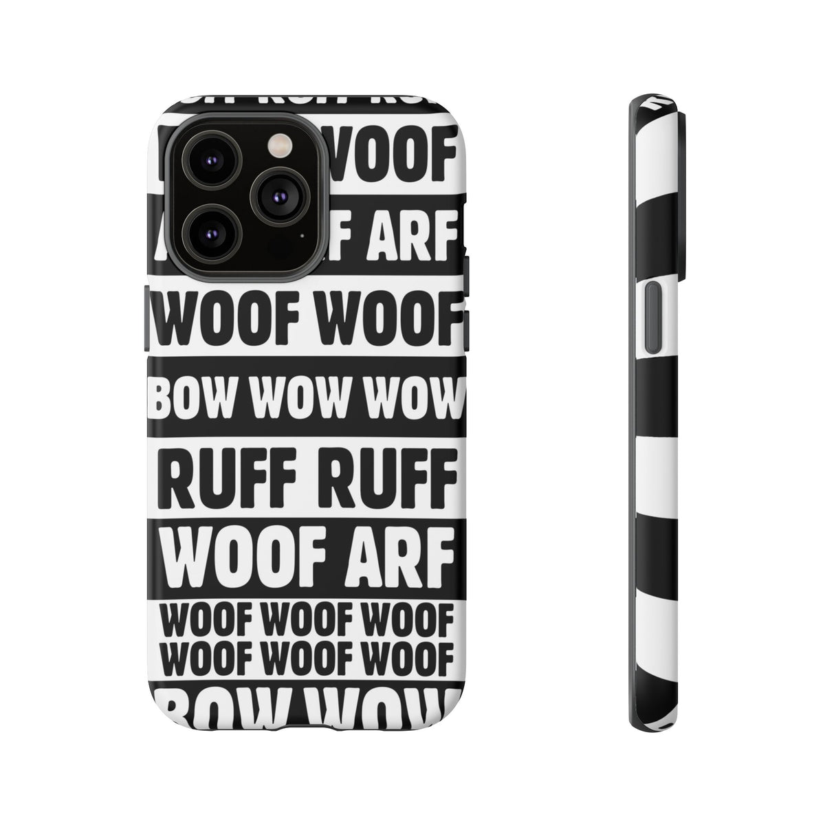 Law of the Paw® Woof Woof phone case with black-and-white WOOF, ARF and BOW WOW lettering for iPhone 14 Pro Max, matte finish, back view – Kate Spain design