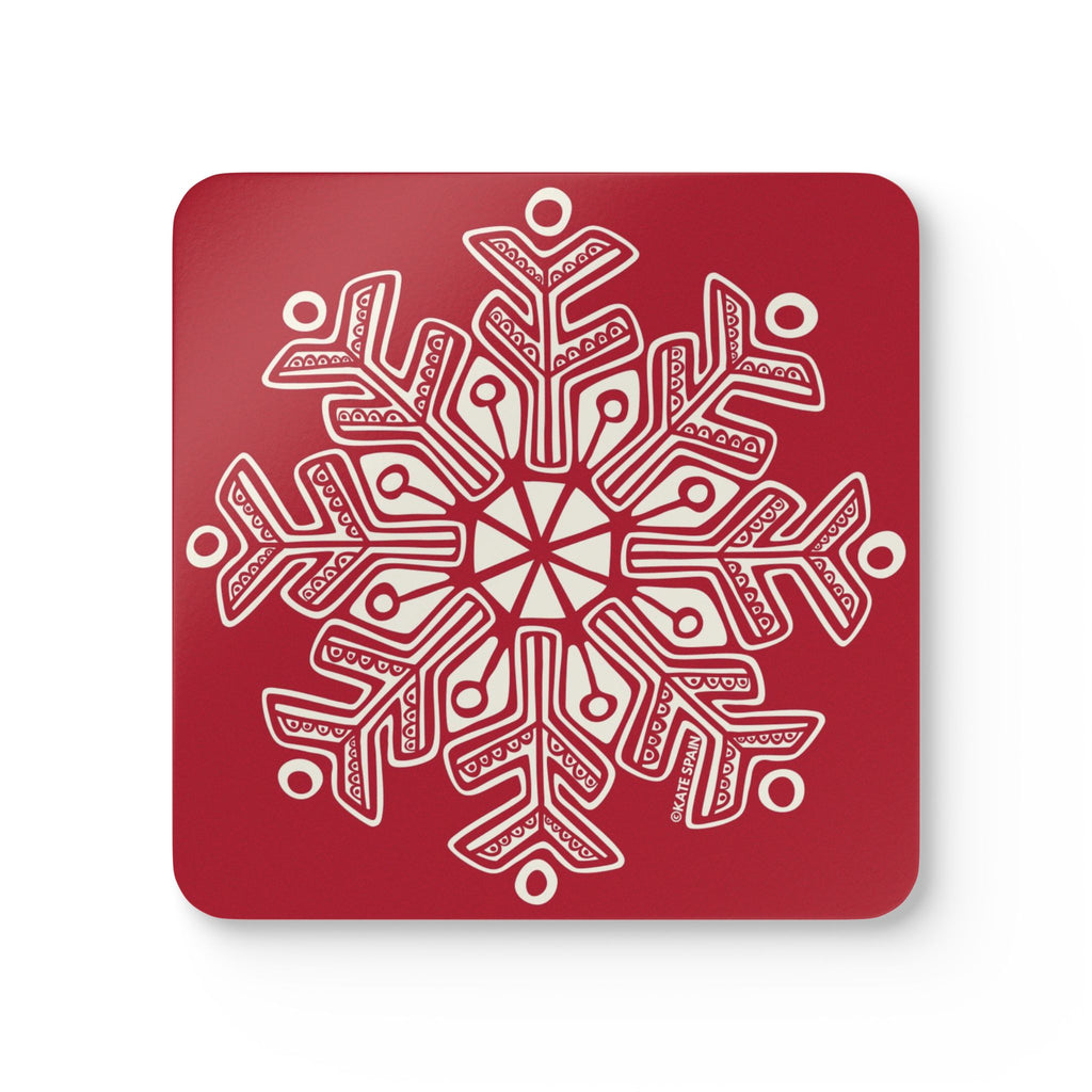 Scandinavian Snow cork-backed coaster, oversized cream snowflake on holiday red, single coaster, top view – Kate Spain design