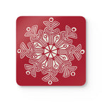 Scandinavian Snow cork-backed coaster, oversized cream snowflake on holiday red, single coaster, top view – Kate Spain design