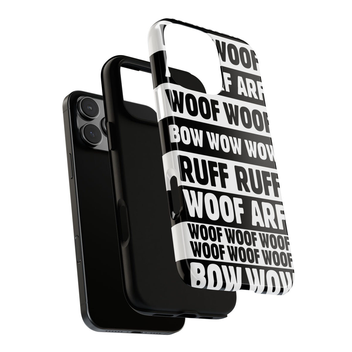 Law of the Paw® Woof Woof phone case with black-and-white WOOF, ARF and BOW WOW lettering, dual-layer case shown on and off the phone – Kate Spain design