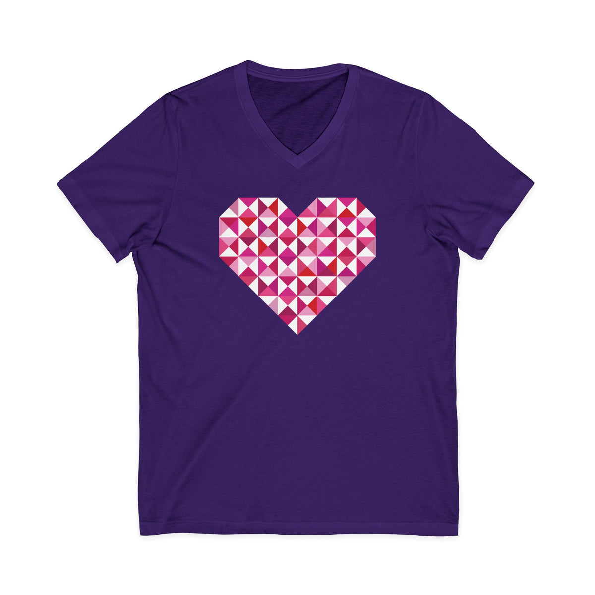 Big Patchwork Love heart pieced from pink half-square triangles on a V-neck t-shirt in purple, front view – Kate Spain design for Pat Sloan