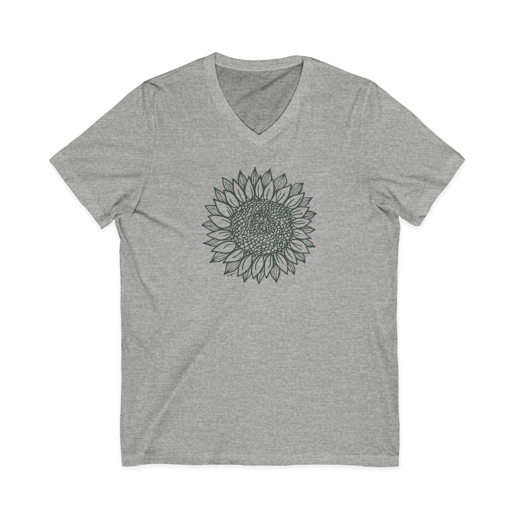 Green botanical line-art sunflower on a V-neck t-shirt in athletic heather grey, front view – Sunflower by Kate Spain