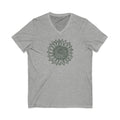 Green botanical line-art sunflower on a V-neck t-shirt in athletic heather grey, front view – Sunflower by Kate Spain
