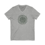 Green botanical line-art sunflower on a V-neck t-shirt in athletic heather grey, front view – Sunflower by Kate Spain