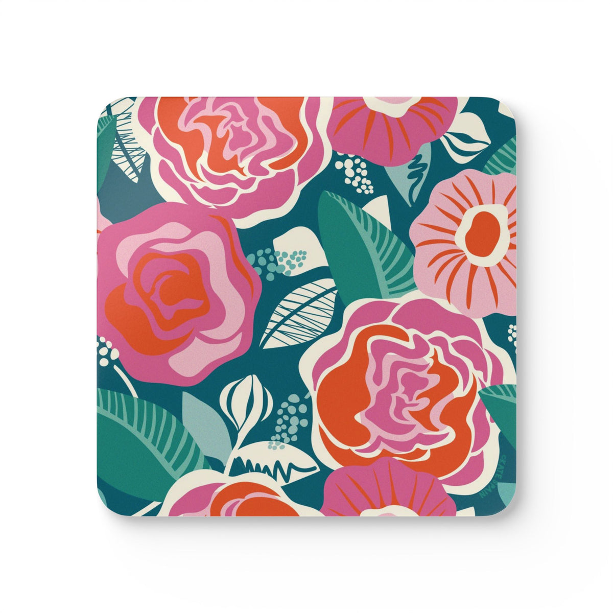 Tea Rose cork-backed coaster, magenta, pink and orange-red roses on deep teal, single coaster, top view – Kate Spain design