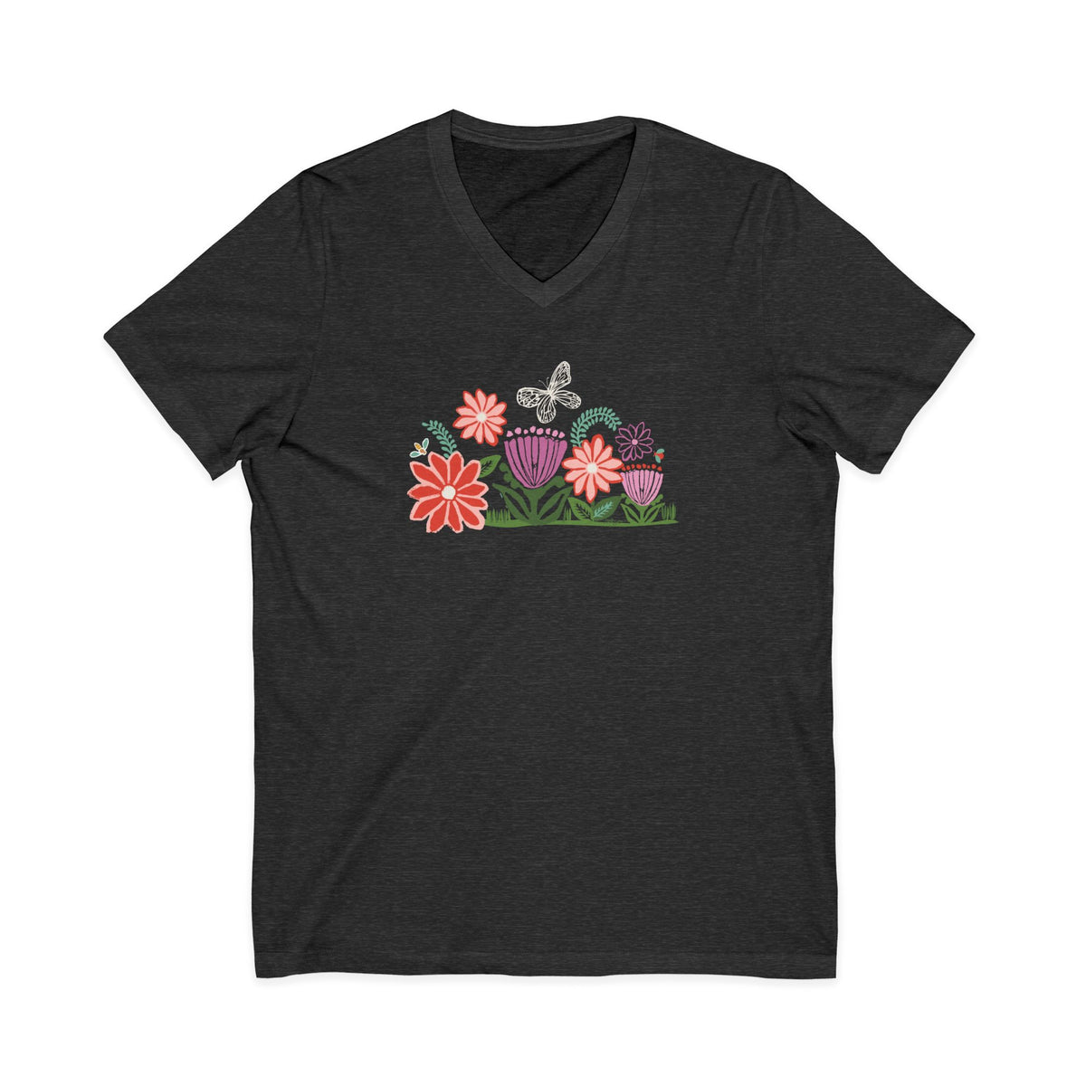 Bloom woodblock-style flowers with a butterfly, ladybug and bee on a V-neck t-shirt in dark grey heather, front view – Kate Spain design
