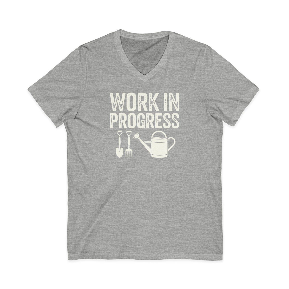 Garden Work in Progress distressed lettering with a shovel, pitchfork and watering can on a V-neck t-shirt in athletic heather grey, front view – Kate Spain design