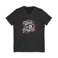Work in Progress sewing design with flying geese, sewing machine, strawberry and thread spool on a V-neck t-shirt in dark grey heather, front view – Kate Spain design for Pat Sloan