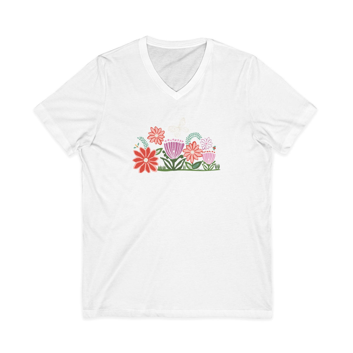 Bloom woodblock-style flowers with a butterfly, ladybug and bee on a V-neck t-shirt in white, front view – Kate Spain design