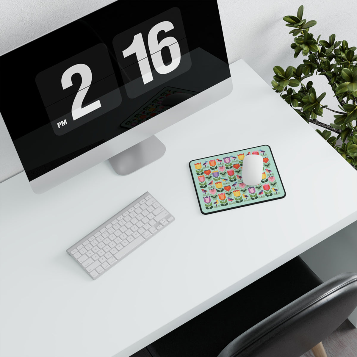 Birds + Blooms patchwork tulips and birds mouse pad, on a desk – Kate Spain design for Pat Sloan
