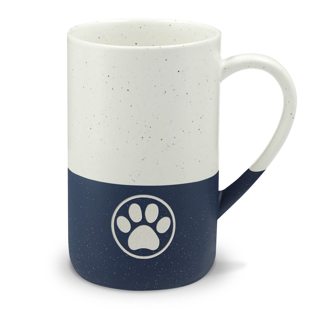 Law of the Paw® cat paw print engraved on a speckled two-tone ceramic mug, white top with navy base – Kate Spain design