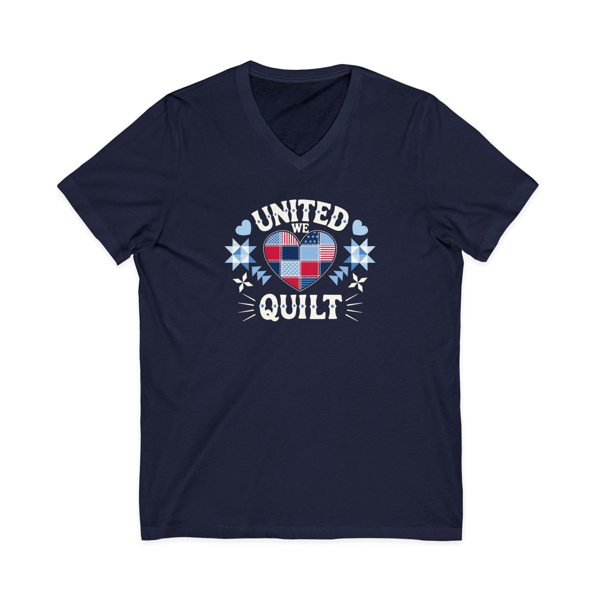 Quilters United quilt badge in red, white and blue on a V-neck t-shirt in navy, front view – Kate Spain design for Pat Sloan