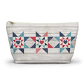 Liberty Love zip pouch with star quilt blocks on the front and hearts on the back, front view – Kate Spain design for Pat Sloan