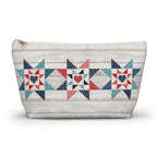 Liberty Love zip pouch with star quilt blocks on the front and hearts on the back, front view – Kate Spain design for Pat Sloan