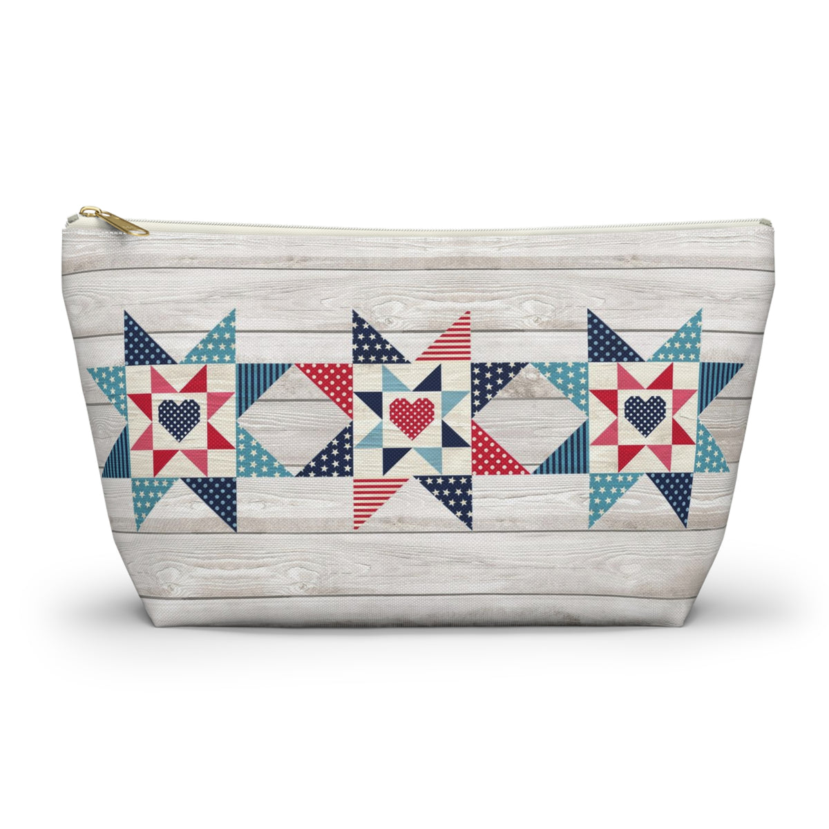 Liberty Love zip pouch with star quilt blocks on the front and hearts on the back, front view – Kate Spain design for Pat Sloan