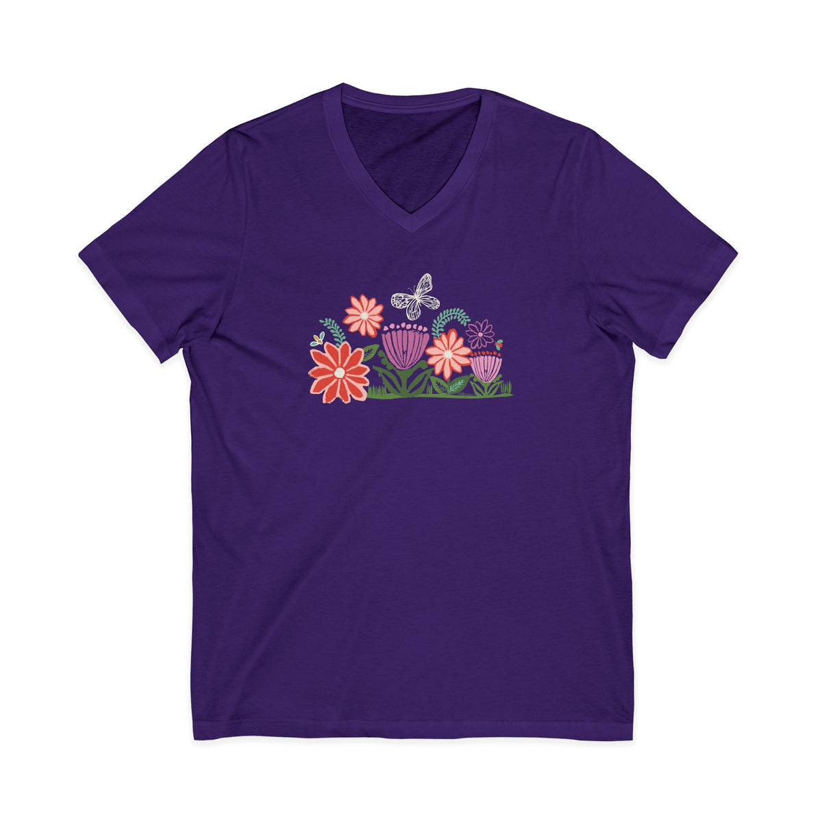 Bloom woodblock-style flowers with a butterfly, ladybug and bee on a V-neck t-shirt in purple, front view – Kate Spain design