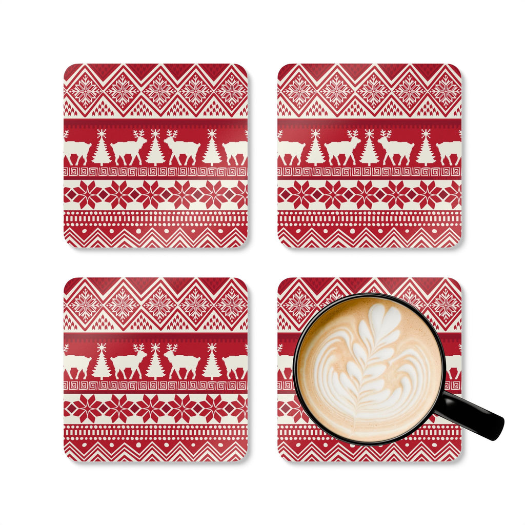 Telemark cork-backed coaster set of four, Nordic reindeer, trees and snowflakes in cream on holiday red, four coasters with a latte mug – Kate Spain design