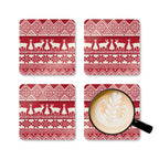 Telemark cork-backed coaster set of four, Nordic reindeer, trees and snowflakes in cream on holiday red, four coasters with a latte mug – Kate Spain design