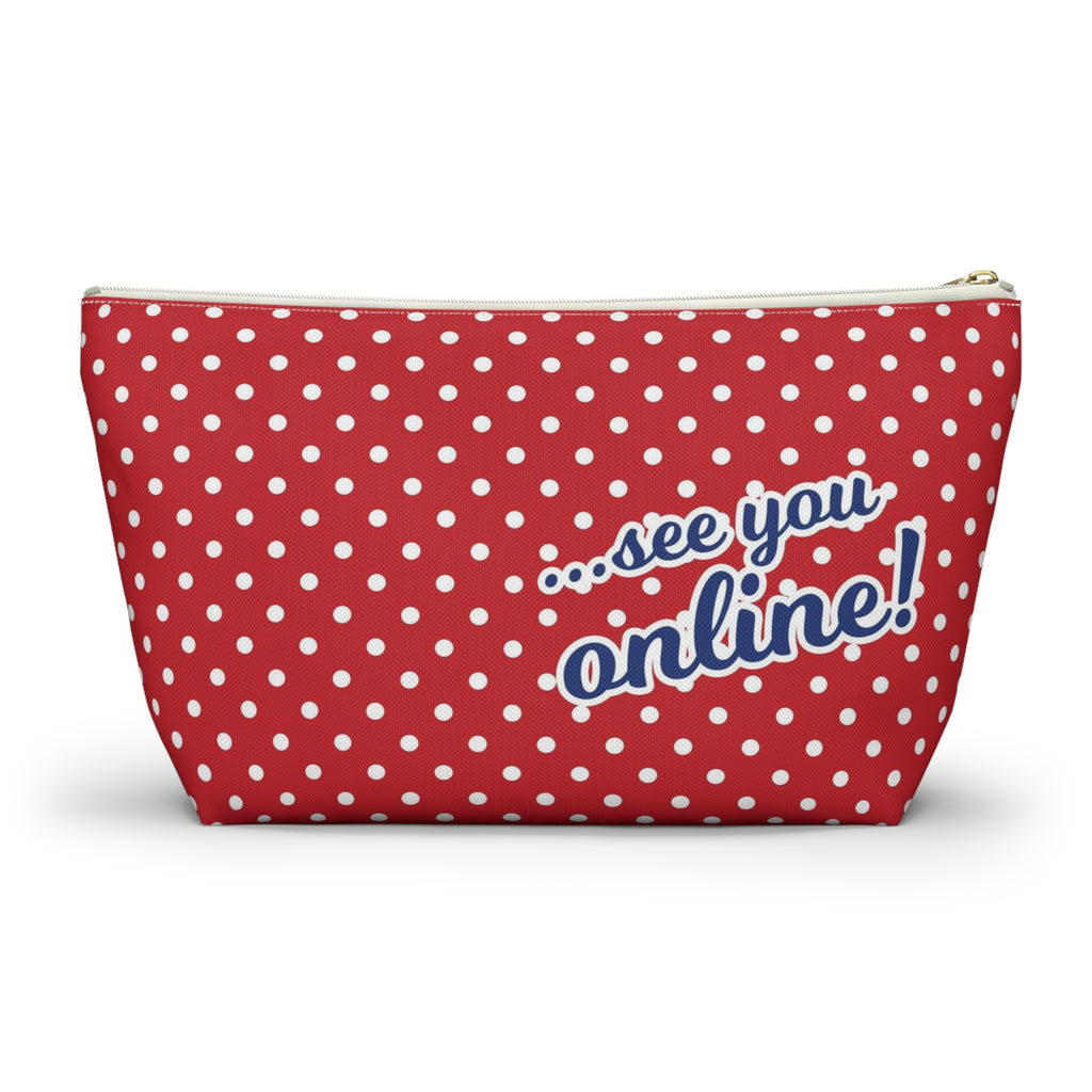 Sloan Zone zip pouch in red polka dot with "see you online!" lettering, back view – Kate Spain design for Pat Sloan