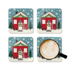 Ski Chalet cork-backed coaster set of four, red holiday cottage with skis among snowy evergreens, four coasters with a latte mug – Kate Spain design