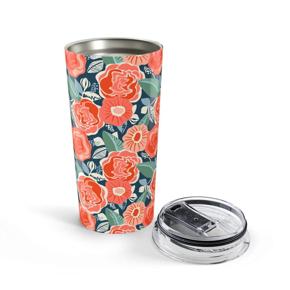 Tea Rose 20 oz insulated stainless steel tumbler, coral roses and green leaves on deep navy, shown with the lid off – Kate Spain design