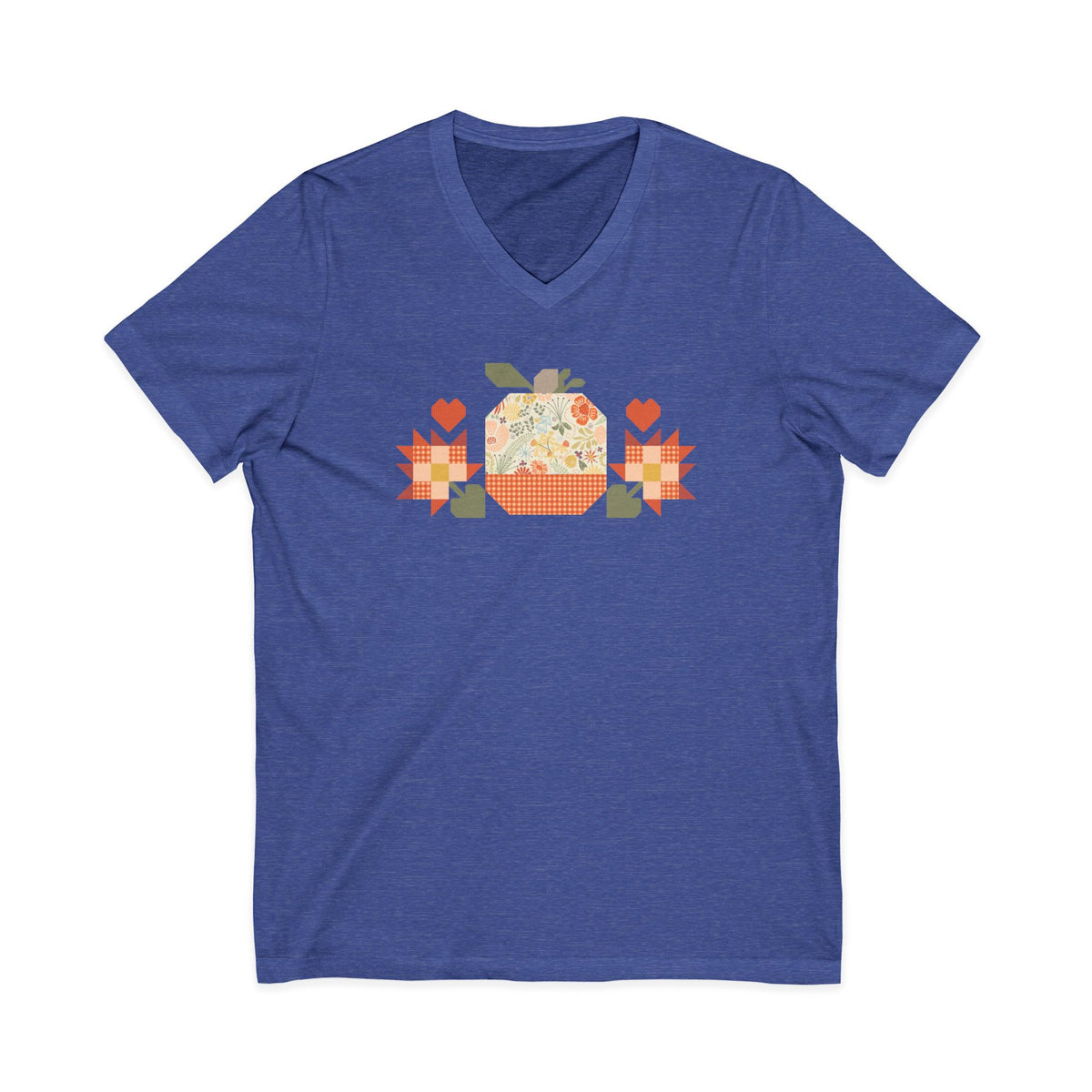 Falling for Fall patchwork pumpkin with quilt-block stars and hearts on a V-neck t-shirt in heather true royal, front view – Kate Spain design for Pat Sloan