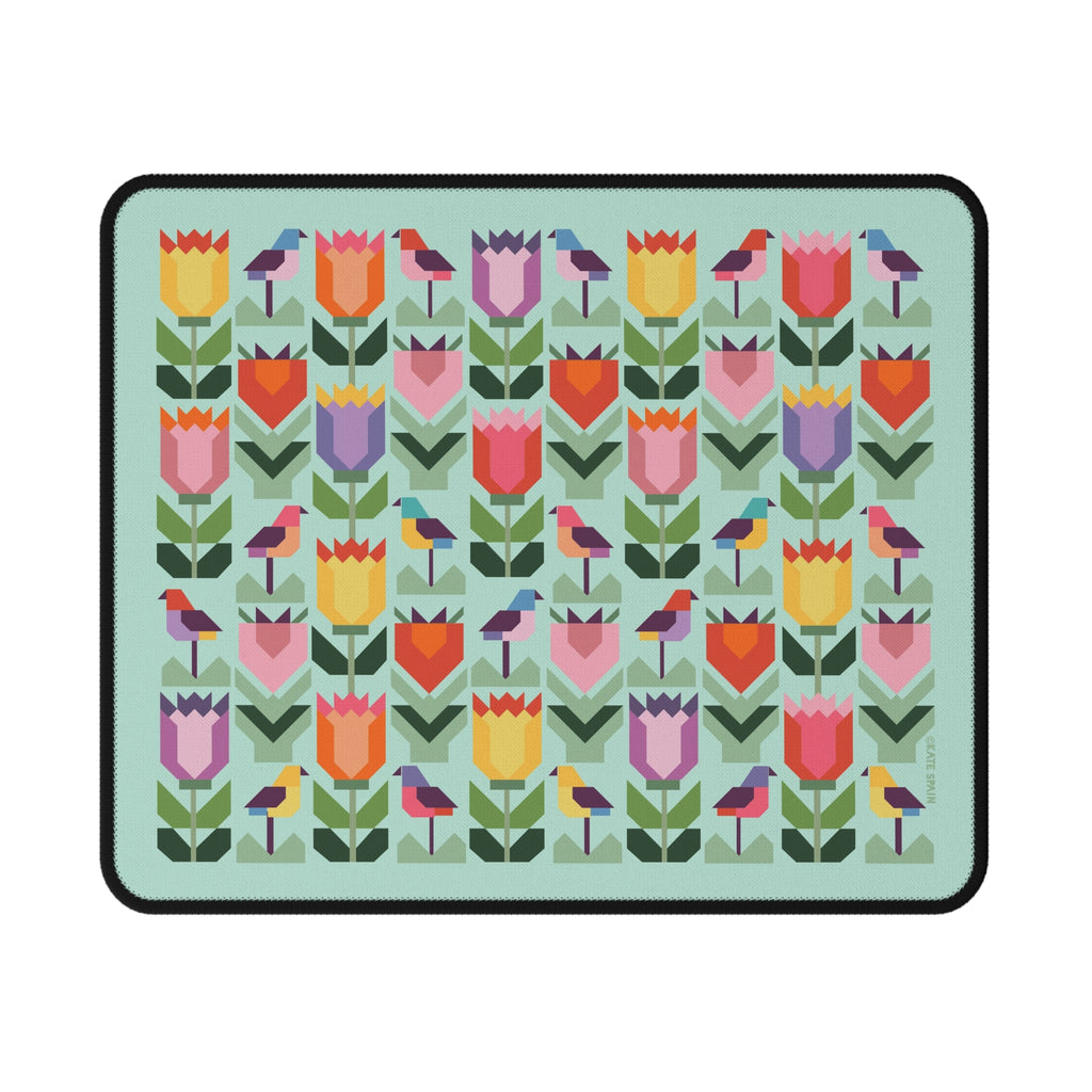 Birds + Blooms patchwork tulips and birds mouse pad, top view – Kate Spain design for Pat Sloan