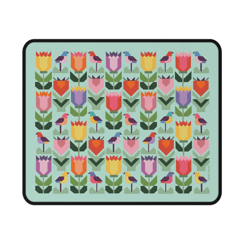 Birds + Blooms patchwork tulips and birds mouse pad, top view – Kate Spain design for Pat Sloan