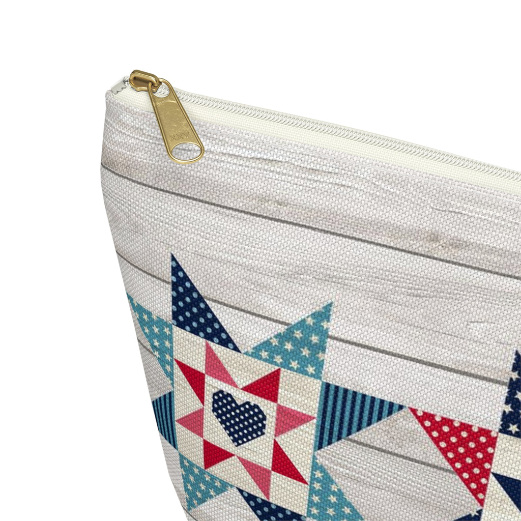 Liberty Love zip pouch with star quilt blocks on the front and hearts on the back, close-up of the zipper corner – Kate Spain design for Pat Sloan