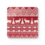 Telemark cork-backed coaster, Nordic reindeer, trees and snowflakes in cream on holiday red, single coaster, top view – Kate Spain design