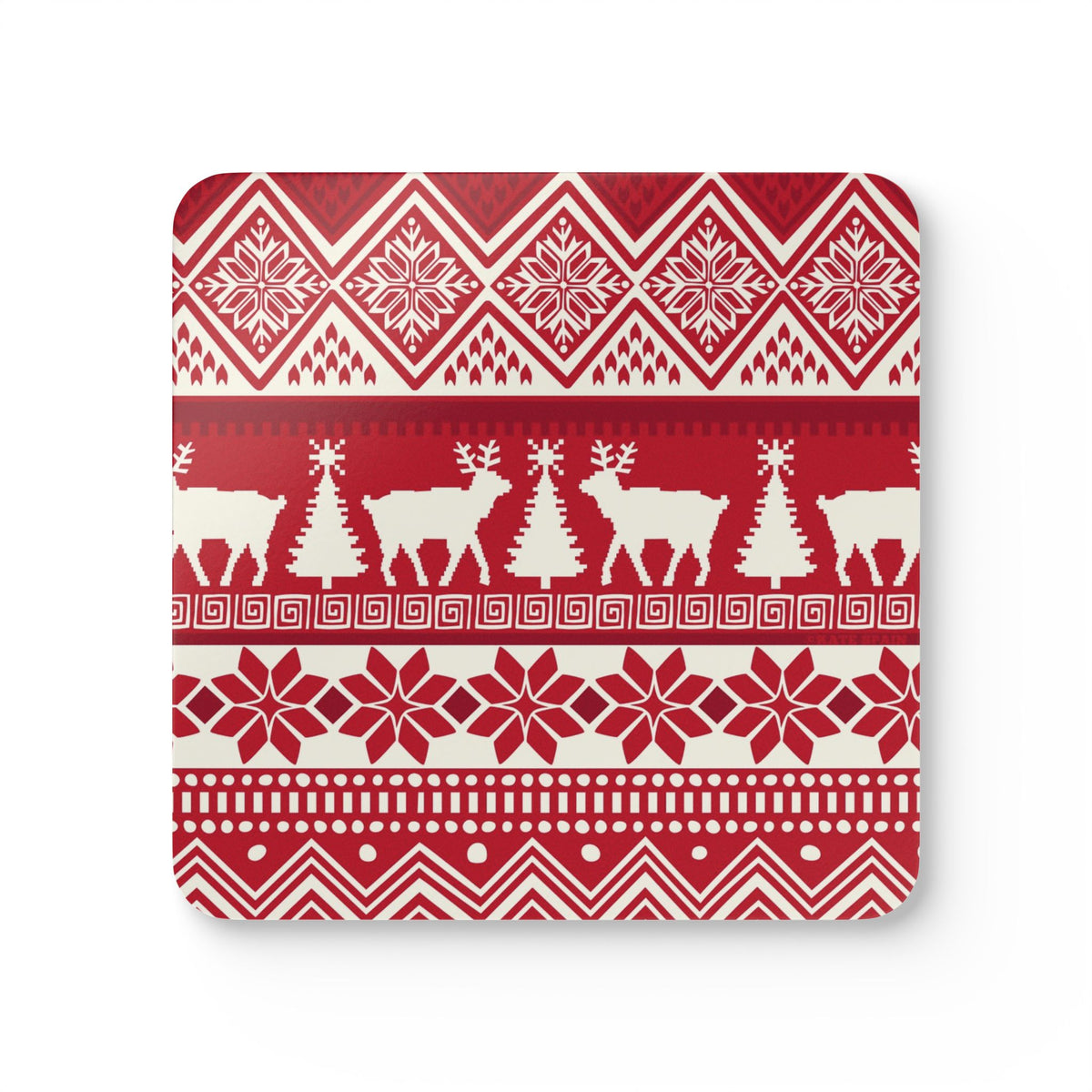 Telemark cork-backed coaster, Nordic reindeer, trees and snowflakes in cream on holiday red, single coaster, top view – Kate Spain design