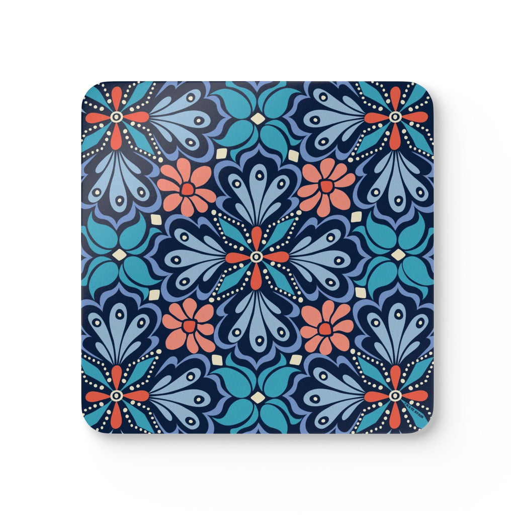 Bolero cork-backed coaster, navy, teal and periwinkle fan medallions with coral daisy centers, single coaster, top view – Kate Spain design