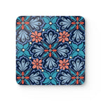 Bolero cork-backed coaster, navy, teal and periwinkle fan medallions with coral daisy centers, single coaster, top view – Kate Spain design