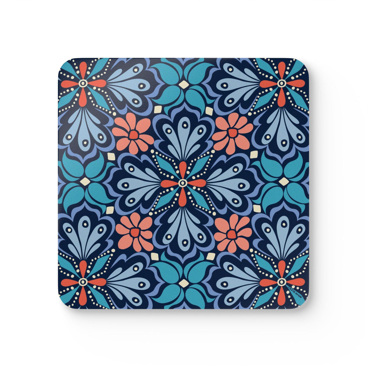 Bolero cork-backed coaster, navy, teal and periwinkle fan medallions with coral daisy centers, single coaster, top view – Kate Spain design