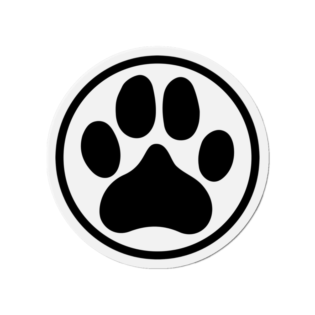 Black-and-white dog paw print die-cut magnet with a circular border, product view – Kate Spain design